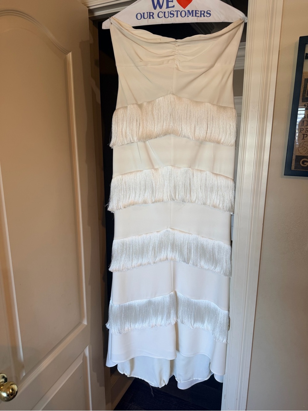 House of Harlow 1960 Ivory Strapless Fringe Midi Dress